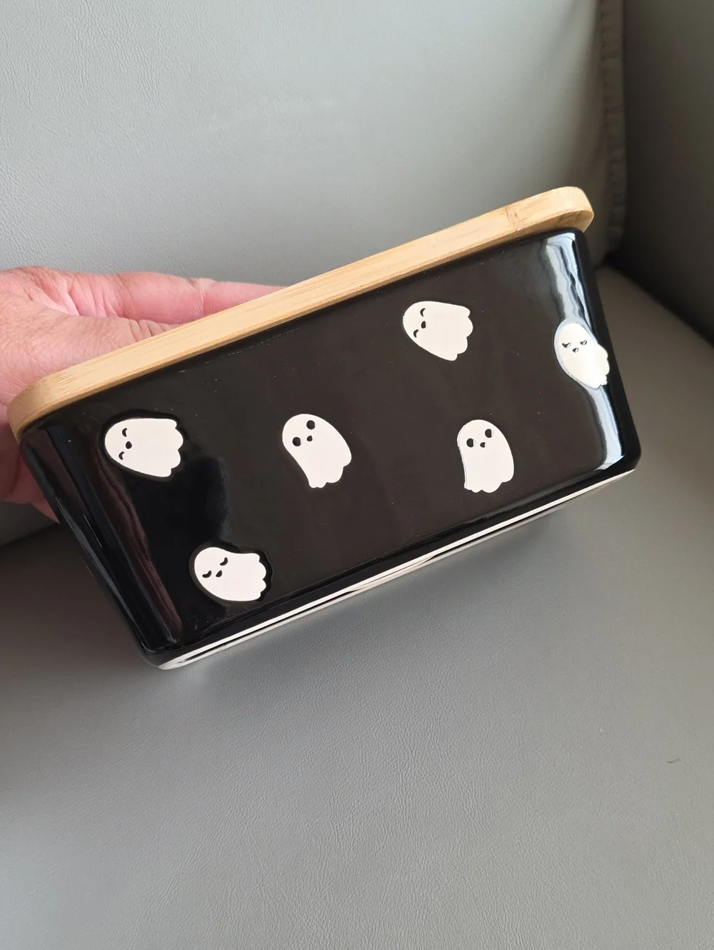Cute Ghost Black Ceramic Storage with Bamboo Lid And Spreader Knife NWT